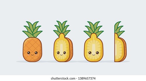 Pineapple cute kawaii mascot. Set of funny kawai drawn fruit in the cut