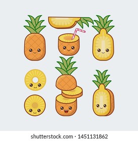 Pineapple cute kawaii mascot. Set of funny kawaii drawn fruit in the cut