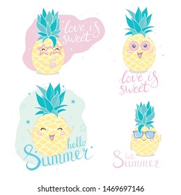 Pineapple cute set for summer tropical stickers. Vector illustration