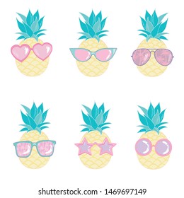 Pineapple cute set for summer tropical stickers. Vector illustration