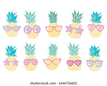 Pineapple cute set for summer tropical stickers. Vector illustration