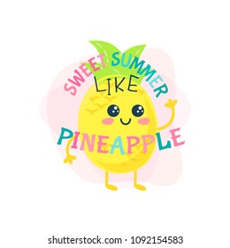 Pineapple cute summer print. Summer card lettering or t-shirt trendy illustration. Pineapple funny fruit say hello illustration. 