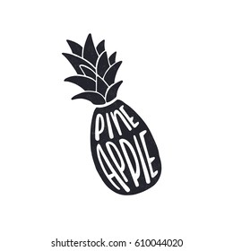 Pineapple. Dark blue, white lettering with vegetables silhouette. Decorative letter. Hand drawn lettering. Quote. Vector hand-painted illustration, inscription. Font poster. Handwritten illustration.
