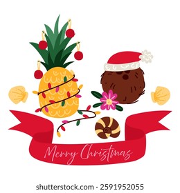 Pineapple is decorated with a garland, coconut with a Christmas hat, shells, ribbons and Christmas tree toys for a Set of Christmas and New Year. Tropical winter holidays. A group of items