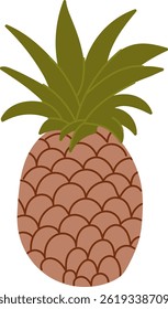 A pineapple is depicted in a simple flat style with bold outlines and muted tones.  The exotic fruit is illustrated with a patterned body and leafy crown. Cartoon vector illustration