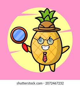 Pineapple detective cartoon character is searching with magnifying glass and cute style design for t-shirt, sticker, logo element