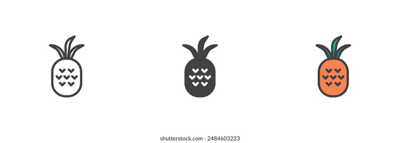 Pineapple different style icon set. Line, glyph and filled outline colorful version, outline and filled vector sign. Tropical food symbol, logo illustration. Vector graphics