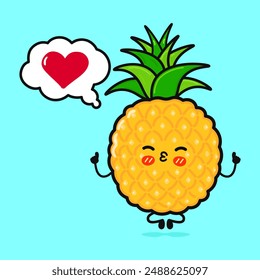 Pineapple doing yoga with speech bubble. Vector hand drawn cartoon kawaii character illustration icon. Isolated on blue background. Pineapple in love character concept