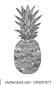 Pineapple doodle, hand drawn with brush pen, in line art style. Vector illustration