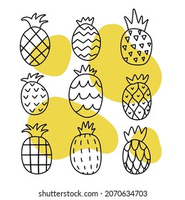 Pineapple doodle set elements. Hand drawn linear vector illustration isolated on a white background. Monoline Icon, sign, or logo design.