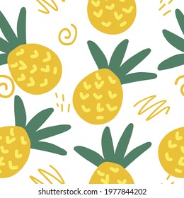 pineapple and doodles vector seamless pattern. hand drawn. illustration for wallpaper, wrapping paper, textile, background. tropical juicy summer fruit. trendy colors 2021