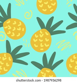 pineapple and doodles vector seamless pattern. hand drawn. illustration for wallpaper, wrapping paper, textile, background. tropical juicy summer fruit. trendy colors 2021