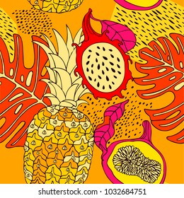 Pineapple and dragon fruit on yellow background. Fashion print, seamless pattern.