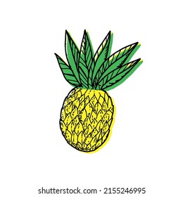 Pineapple, drawn elements of a sketch style doodle. Whole pineapple with leaves. Vector simple illustration, isolated on white background.