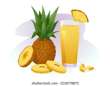 Pineapple drink. Natural fresh delicious juice cocktail, glass of tropical summer healthy sweet exotic beverage cartoon style. Vector illustration. Tasty hawaiian liquid with vitamins