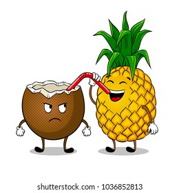 Pineapple drinks juice from coconut pop art retro vector illustration. Cartoon food character. Isolated image on white background. Comic book style imitation.