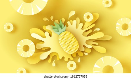 Pineapple dropped on the yellow water surface with pineapple slices and water splash around. Pineapple juice splash.