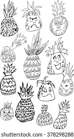 pineapple, emotions , smiling pineapple , pineapple face , line art , black and white