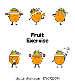 Pineapple exercise character. Sport icon. Cute style fruit character. Happy face fruit icon. Cute style fruit set. Exercise emoji. Exercise at home. Illustration vector.