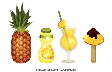Pineapple Exotic Desserts and Drinks Isolated on White Background Vector Set