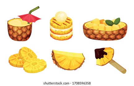 Pineapple Exotic Desserts And Drinks Isolated On White Background Vector Set