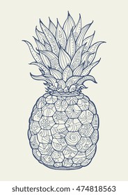 Pineapple, exotic fruit with floral pattern. Vector. 