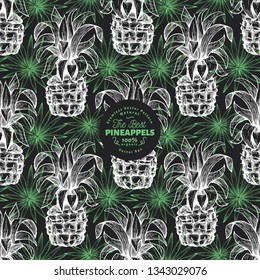 Pineapple and exotic leaves seamless pattern. Hand drawn vector tropical fruit illustration on chalk board. Engraved style ananas fruit. Vintage botanical illustration.