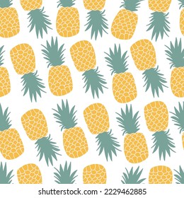 Ananas exotische tropische Früchte nahtlose Muster einzeln auf Weiß. Gelbe und grüne organische, gelbe und gesunde Vitaminfutter. Handgezeichnete, trendige Doodle Sommer-Tapete, verwenden, um Textilien. 