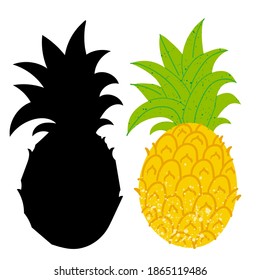 Pineapple. Exotic tropical fruit with stamp texture and black silhouette, fresh whole juicy yellow ananas with green leaves vector cartoon isolated on white background illustration