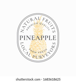 Pineapple Farm Badge or Logo Template. Hand Drawn Fruit Sketch with Retro Typography and Borders. Vintage Premium Emblem. Isolated.