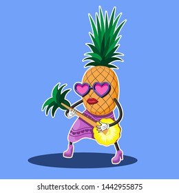 pineapple female character with glasses playing the guitar. Sticker. Vector image. eps