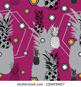 pineapple Festival-Fruit Delight. Seamless Repeat Pattern Background in Purple Yellow Black and White. Delicate Pattern Background. Surface pattern Design, Perfect for Fabric, Scrapbook, wallpaper.
