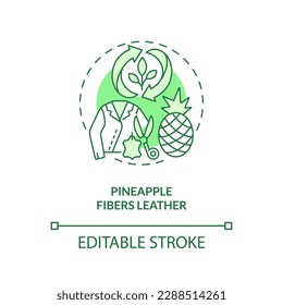 Pineapple fibers leather green concept icon. Pina fabric. Vegan clothing. Plant based material idea thin line illustration. Isolated outline drawing. Editable stroke. Arial, Myriad Pro-Bold fonts used