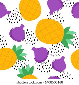 Pineapple and figs seamless pattern. White background with black dots.