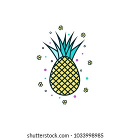 Pineapple flat color line icon on isolated background. Pine apple colorful linear sign, symbol, pictogram, emblem, sticker. Exotic fruit vector illustration.