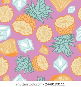 Pineapple flat design on pink background seamless patten with ice cubes