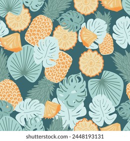 Pineapple flat design seamless pattern with leaves