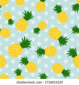 pineapple flat illustration with sky blue polka dots background seamless pattern