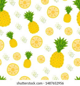 Pineapple flat vector seamless pattern. Exotic, tropical yellow fruits color texture. Organic, natural products, vitamins wrapping paper illustration. Kitchen textile, wallpaper design idea