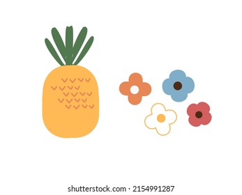 Pineapple and flower icons isolated on white background vector illustration.