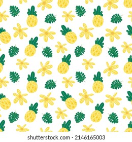 Pineapple flowers seamless vector pattern. Repeating vacations, tropics, exotic background with summer fruit. Use for fabric gift wrap packaging. Hawaii t-shirt