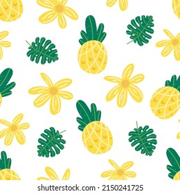 Pineapple flowers seamless vector pattern. Repeating vacations, tropics, exotic background with summer fruit. Use for fabric gift wrap packaging