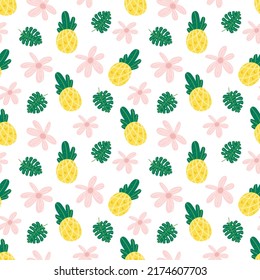 Pineapple flowers seamless vector pattern. Repeating vacations, tropics, exotic background with summer fruit. Use for fabric gift wrap packaging. Hawaii t-shirt