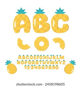 Pineapple Font. Summer Fruit Alphabet. Cute Juicy Letters and Numbers with Pineapple Slices.