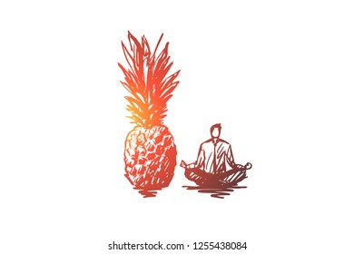 Pineapple, food, fruit, organic, vitamin concept. Hand drawn giant pineapple and man sitting in lotus pose concept sketch. Isolated vector illustration.