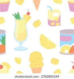 Pineapple food seamless pattern. Sweet fruits, desserts, ice cream, juice, pina colada cocktail, cupcake. Tropical print for fabric, wallpaper, vector background