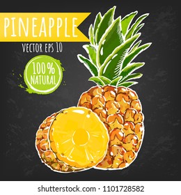 Pineapple. Fresh fruit bright sketch style vector. Juicy tropical fruits. Black chalkboard background. Eps 10