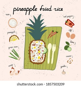 Pineapple fried rice with a description of ingredients, Thai cuisine, hand drawing 