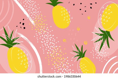 Pineapple fruit abstract hand drawing pink background. Banner for a bar, cocktail, lemonade, label or poster. Illustration of a drink for menu or packaging design