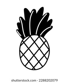 Pineapple fruit black icon isolated on white background. Doodle simple vector emblem, summer juicy tropical food. Juice package or logo design element.